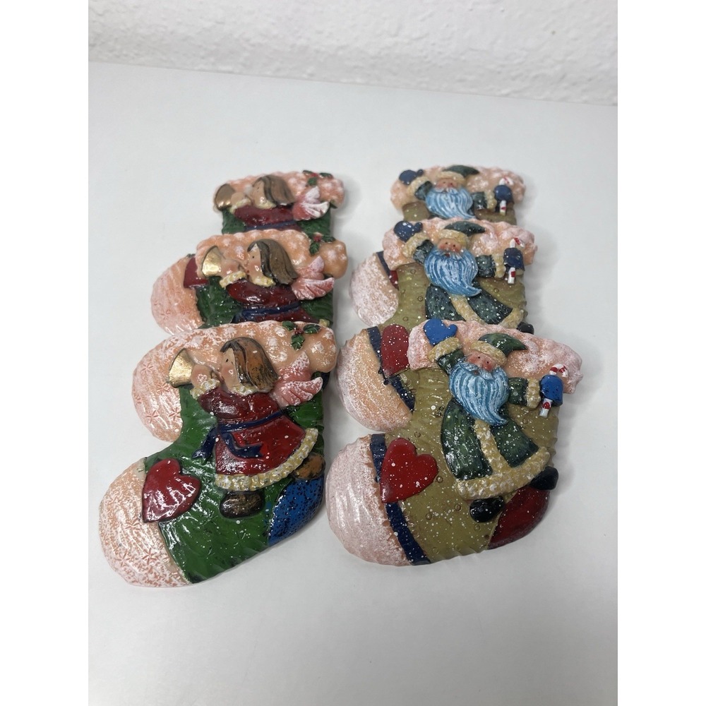 VTG Christmas Stockings Magnets Set of 6 Resin Holiday Decor Santa Angel